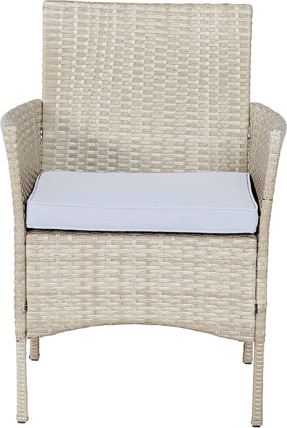 Outdoor Wicker Conversation 3 Piece Bistro Set Garden Patio Yard Porch Furniture Space Saving Pe Rattan 2 Chairs Cushions Side Storage Glass Table Gray/Cream 3pc