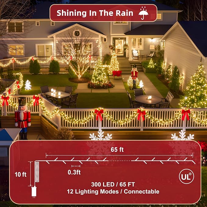 300 LED Outdoor Christmas Lights 75ft, 12 Lighting Modes Indoor String Lights Dimmable & Timer Memory, Outsite Waterproof Tree Lights for Xmas Garden Wedding Party Holiday Decorations Warm White