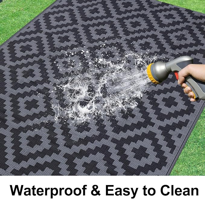 Smiry Outdoor Rug 4x6 ft Waterproof Reversible Boho Mat, Black & Grey | Polypropylene Plastic Straw, Quick Drying, Lightweight Foldable, for Patio, Deck, RV Camping, Backyard and Indoor Outdoor Use