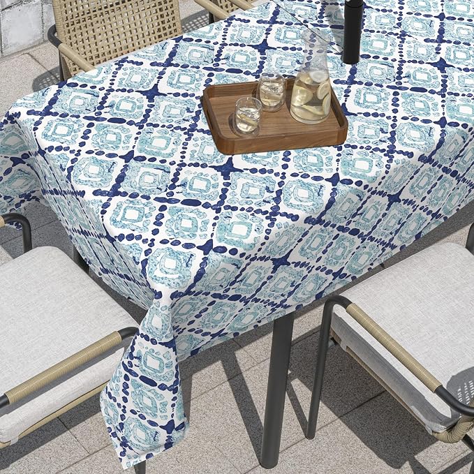 Outdoor Rectangle Tablecloth, 60×84 Inch Water Repellent Picnic Table Cover with Umbrella Hole Zipper for Patio Family Meal, Boho Geometry Blue