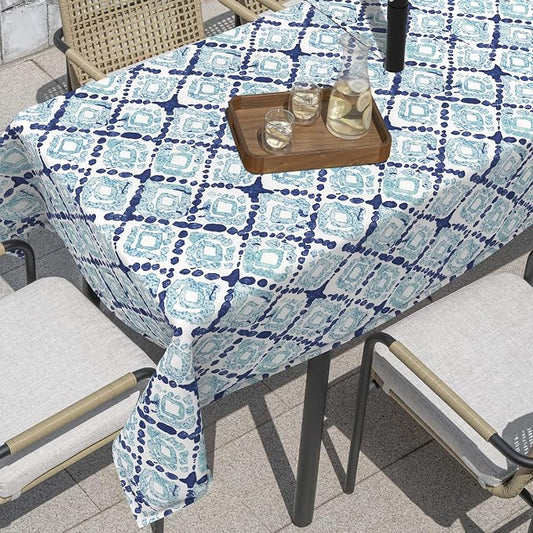 Outdoor Rectangle Tablecloth, 60×84 Inch Water Repellent Picnic Table Cover with Umbrella Hole Zipper for Patio Family Meal, Boho Geometry Blue