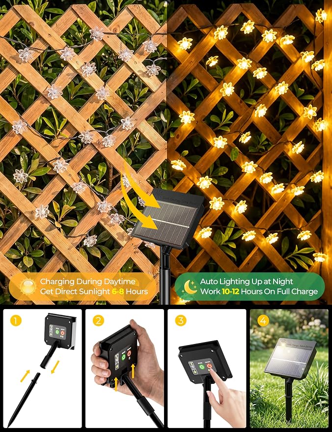 Brightown 50 LED Warm White Solar Flower String Lights Outdoor, IP65 Waterproof Fairy Lights, 8 Modes Solar Christmas Lights Outdoor for Garden Fence Yard Lawn Tree Wedding Party