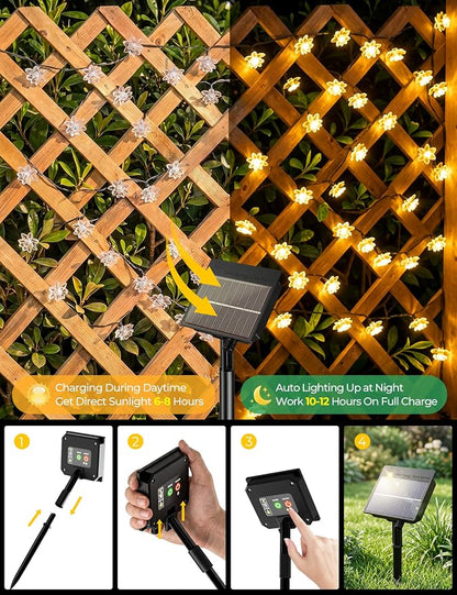 Brightown 50 LED Warm White Solar Flower String Lights Outdoor, IP65 Waterproof Fairy Lights, 8 Modes Solar Christmas Lights Outdoor for Garden Fence Yard Lawn Tree Wedding Party