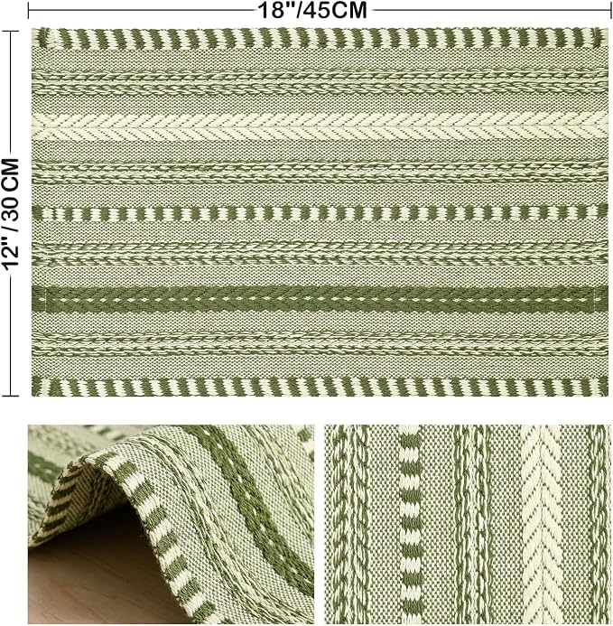 Artoid Mode Army Green Farmhouse Woven Braided Stripe Placemats Set of 4,12x18 Inch Seasonal Holiday Table Mats Party Kitchen Dining Decoration