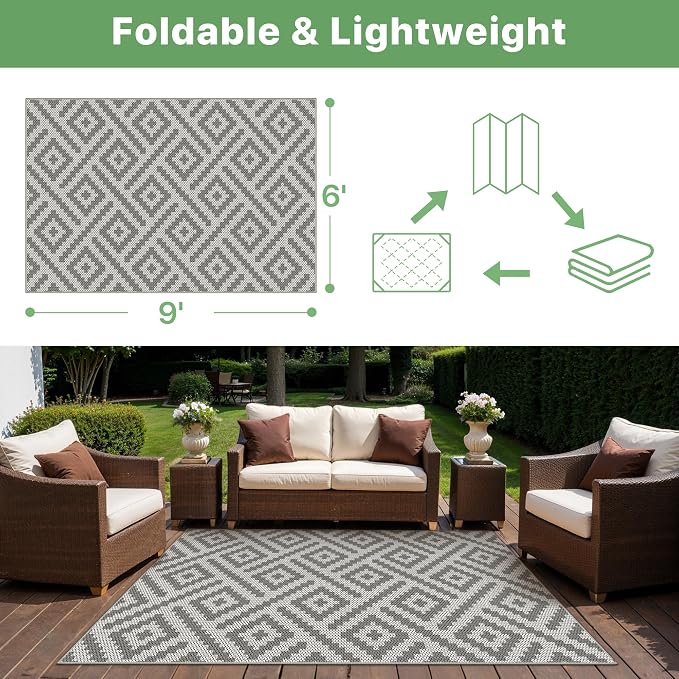GENIMO Outdoor Rug, Waterproof Plastic Rugs for Patio, 6'x9' Cloud Grey | Outside Modern Carpet for Patio Decor, Balcony, Deck, Backyard, Picnic, Camping, RV, Reversible, Foldable, Lightweight