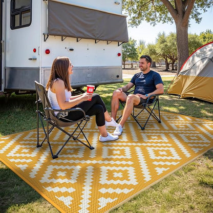 GENIMO Outdoor Rug, Waterproof Plastic Rugs for Patio, 6'x9' Yellow White | Outside Larger Modern Carpet Mat for Porch Decor, Deck, Balcony, Camping, RV, Backyard, Picnic, Beach, Reversible, Foldable