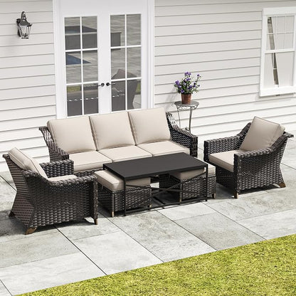 6 Pieces Outdoor Conversation Furniture Set - 77" Patio Sofa, 2 Armchairs, 2 Ottomans, 1 Metal Table, Patio Wicker Couch Set with Washable Cushions for Swimming Pool (Beige) | Patio Chair Set with Olefin Removable Cushion, All-Weather Outdoor Couch wit...