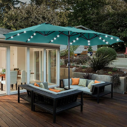 15ft Patio Umbrella with Solar lights & Base, Large Umbrellas, Turquoise | HERA'S PALACE Rectangle Double Market Umbrella with 36 LED Lights, Big Outdoor Umbrellas for Pool Picnic Inground Yard Deck