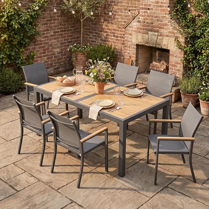 7-Pieces Aluminum Patio Table and Chairs Set, Outdoor Patio Furniture Set with Heavy Duty HDPS Rectangular Table, All-Weather Outdoor Dining Set with Quick-Drying Breathable Textilene Chairs for Porch