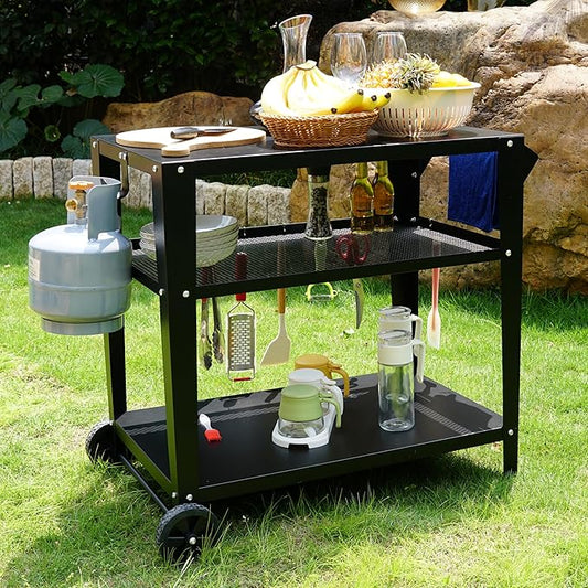 LEETOLLA Black Outdoor Grill Cart with Wheels, Heavy-Duty 3-Tier BBQ Prep Table for Pizza Oven, Griddle, Patio – Rustproof Commercial Kitchen Cart with Tool Hooks