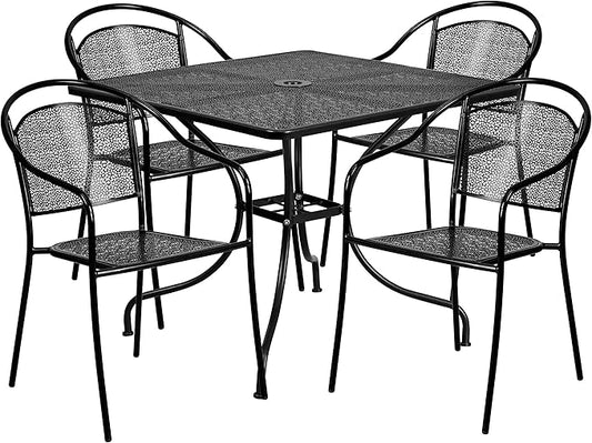 Flash Furniture Oia 5-Piece Commercial Grade Steel Patio Table and Chairs Set, Outdoor Dining Set with Square Table and 4 Round Back Chairs, Black