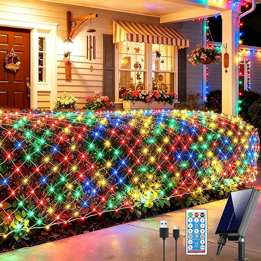 Pooqla Solar Net Lights, 11.5x5ft 240LED Christmas Net Lights Outdoor with 8 Modes, Solar & USB Powered Waterproof Green Wire Net Mesh String Lights for Bush Backyard Patio Decor, Colorful