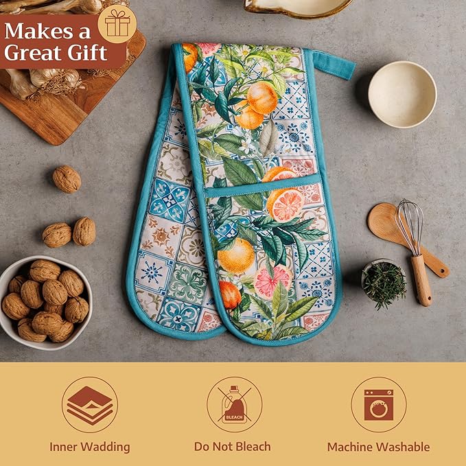 Maison d' Hermine Double Oven Mitts 100% Cotton 7"x35" Double Oven Mitt Heat Resistant BBQ Cooking Gloves with Loop Baking Grilling Kitchen Hotel Home Farmhouse Spring Summer (Agrume)