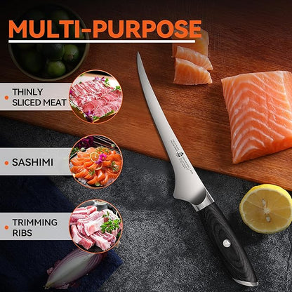 TUO Fillet Knife, 7 Inch Professional Fish Boning Knife for Trimming Meat & Poultry, Flexible Blade, High Carbon German Steel, Riveted Handle - Falcon Series