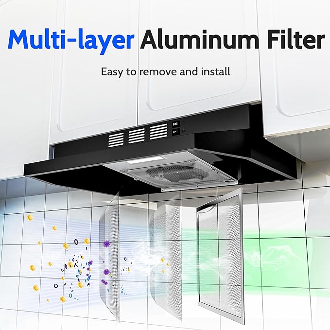 FIREGAS Black Range Hood 24 inch, 300CFM Ducted/Ductless Convertible Under Cabinet Kitchen Hood in Black Painted Stainless Steel with 2 watt LED Light and Filter, 2 fan speeds