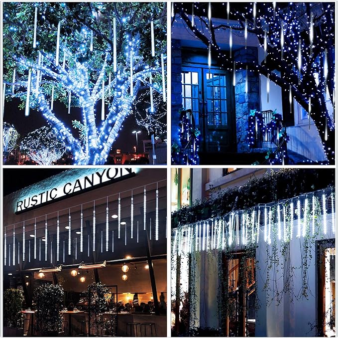 Aluan Christmas Lights Outdoor Meteor Shower Lights White 16 Inch 10 Tubes 360 LED Falling Rain Light Waterproof Snowfall Dripping Icicle Light for Xmas Tree Holiday Decoration Yard Porch Patio