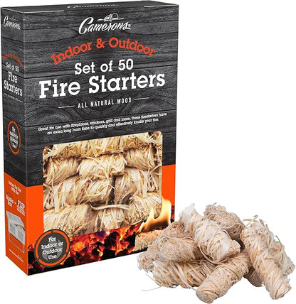Camerons All Natural Fire Starters (50 Pack) - Lightning Fast Hardwood Firelighters for Campfire, BBQ Charcoal Grill, Fire Pit & Indoor Fireplace - No Flare Up, Non-Toxic, Wood & Pellet Stove Starter