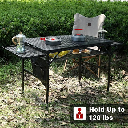 JOUYEK Folding Grill Table,3x2 FT Portable Camping Table with 2 Wing Panels | Height Adjustable Metal Tables with Mesh Desktop and Mesh Bag, Outdoor Furniture for Camping, Picnic, Beach and BBQ, Black