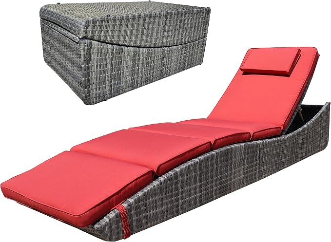BTEXPERT Foldable Outdoor Chaise Pool Lounge Chair Folding Wicker Rattan Sun Bed Patio Couch Reclining Lounger Adjustable Padded Backrest Pillow Assembled - Red Burgundy