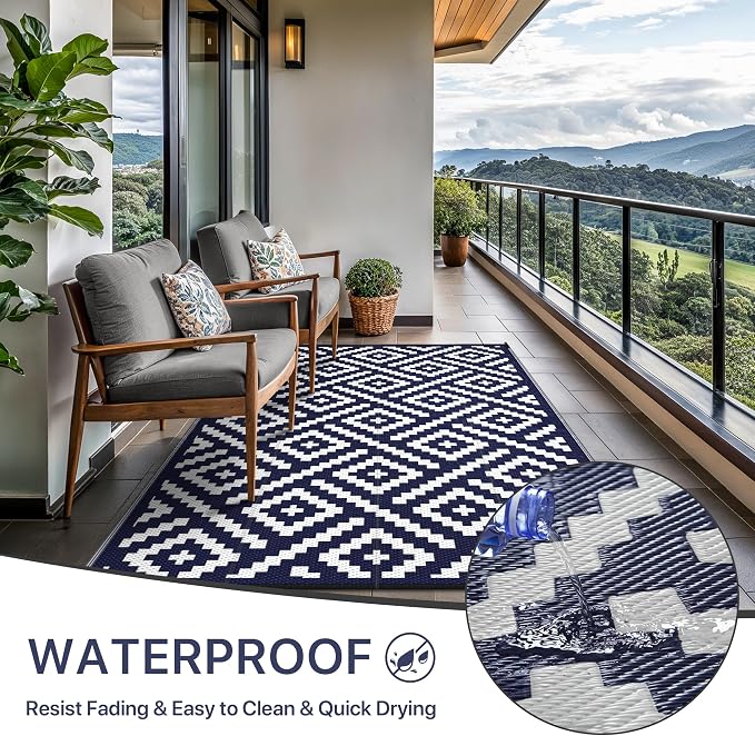 GENIMO Outdoor Rug, Waterproof Plastic Rugs for Patio, 6'x9' Blue White | Outside Larger Modern Carpet Mat for Porch Decor, Deck, Balcony, Camping, RV, Backyard, Picnic, Beach, Reversible, Foldable