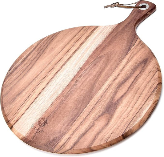 BILL.F Pizza Peel,14" L x 14" W Acacia Wood Cutting Board, with 5" Handle, 19" Overall Length