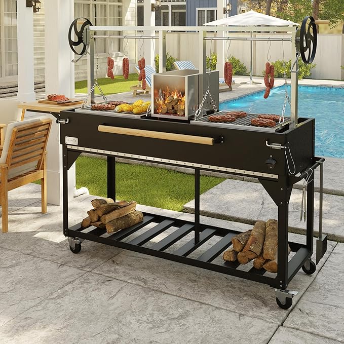 KoolMore 92 in. Charcoal and Wood BBQ Grill, Santa Maria Argentine Style Grill with Dual Adjustable Grate, Heavy Duty, in Black