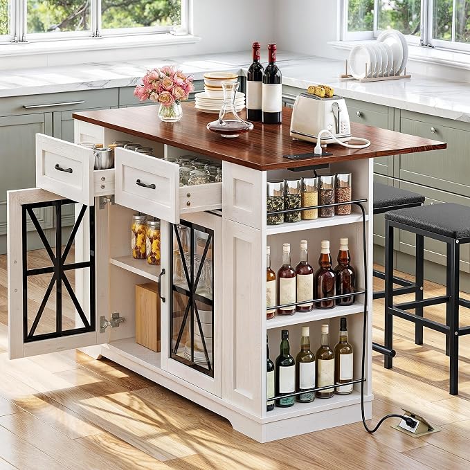 YITAHOME Kitchen Island with Seating | 47 Inch Mobile Storage Island with Drop Leaf, Power Outlet & Spice Rack, 2 Upholstered Stools and Footrest