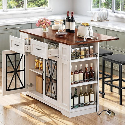 YITAHOME Kitchen Island with Seating | 47 Inch Mobile Storage Island with Drop Leaf, Power Outlet & Spice Rack, 2 Upholstered Stools and Footrest