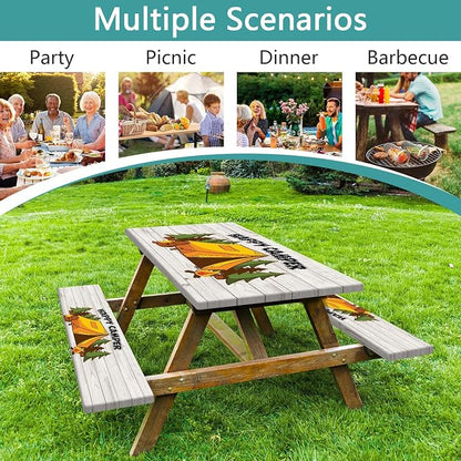 JAWO Happy Camper Picnic Table Cover Set with Bench Covers Camping Theme Tablecloth 8FT Fitted Picnic Table Cover with Elastic Windproof and Waterproof Fabric, Camping Accessories Patio & Outdoor
