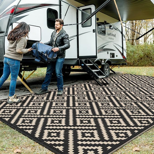 GENIMO Outdoor Rug, Waterproof Plastic Rugs 9'x18' for Camping Black Beige | Outside Larger Modern Carpet Mat for Patio Decor, RV, Porch, Camper, Deck, Picnic, Beach, Backyard, Reversible, Foldable