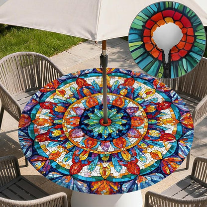 Outdoor Tablecloth with Umbrella Hole and Zipper Fits 37-44" Tables | Waterproof Round Fitted Tablecloth with Elastic Edge, Wipeable Outdoor Table Cover for Patio, Garden, Picnic