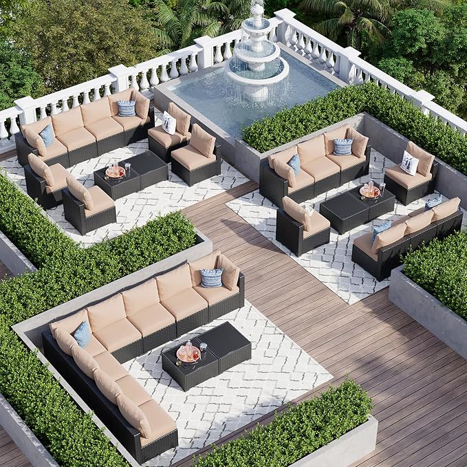 Aoxun 10 Piece Patio Furniture Set Wicker Rattan Patio Sectional Sofa Set Outdoor Seating Furniture with Thickened Cushion, Beige