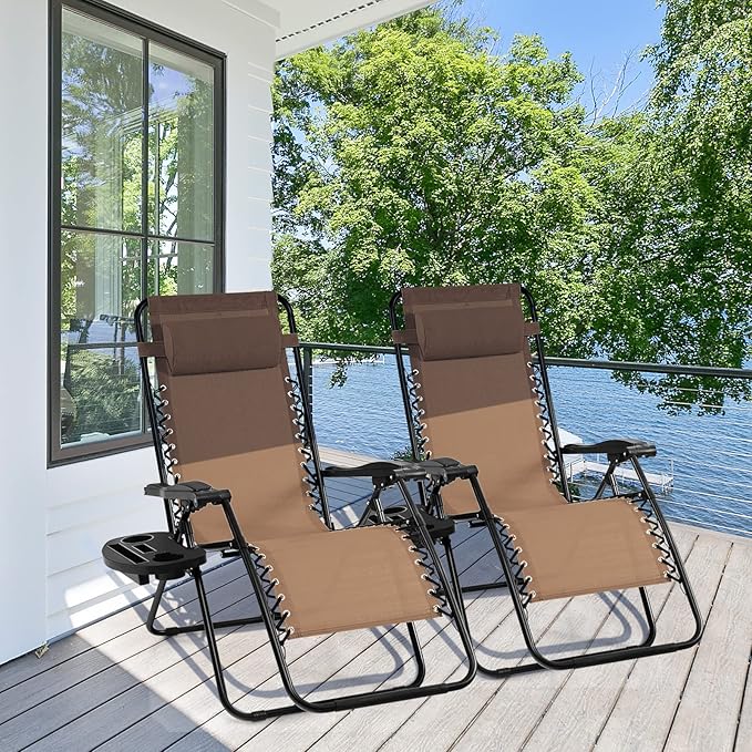Giantex 2 PCS Zero Gravity Chair Patio Chaise Lounge Chairs Outdoor Yard Pool Recliner Folding Lounge Chair with Cup Holder (Beige)