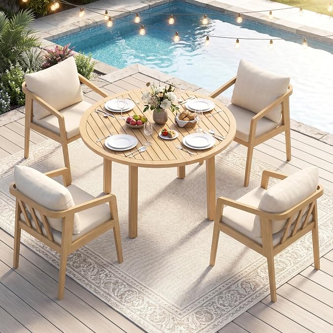 Wisteria Lane 5-Pieces Acacia Patio Table and Chairs Set for 4, Outdoor Dining Set with Round Table, Modern Patio Table Set with Cushion, Patio Furniture Set for Backyard Deck Garden Porch