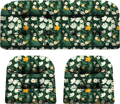 DANGHOOGY Wicker Chair Cushions, Waterproof Outdoor Loveseat Cushions for Patio Furniture, Tufted Wicker Furniture Cushions, 1 Loveseat and 2 U-Shaped Cushions (Green Floral)