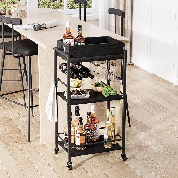 3-Tier Bar Cart with Removable Tray, Small Bar Carts with Wheels, Rolling Beverage Cart, Drink Cart, Black Wine Cart with Wine Rack for Kitchen, Living Room (Black) GBC513B