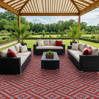 GENIMO Outdoor Rug, Waterproof Plastic Rugs for Patio, 10'x20' Red Grey | Outside Larger Modern Carpet Mat for Patio Decor, RV, Porch, Camper, Deck, Picnic, Beach, Backyard, Reversible, Foldable