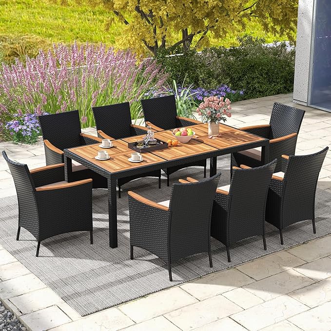 COSTWAY 9-Piece Patio Dining Set for 8, Outdoor Rattan Wicker Table and Chairs Furniture Set with Umbrella Hole, Acacia Wood Tabletop for Backyard, Balcony, Poolside, Black & Beige