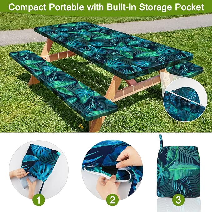 Picnic Table and Bench Cover Set, Waterproof Fitted Elastic Cloth | Portable Camping Essentials With Built-In Storage Pocket And Waterproof Fabric For Outdoor RV Or Picnic Table Use