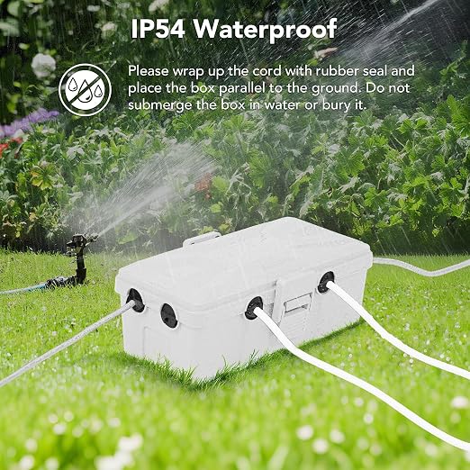 Medium Outdoor Electrical Box(10.4x6x4.2inch), IP54 Waterproof, Weatherproof Connection Box w/6 Cable Entry Ports, Extension Cord Cover Protect Power Strip, String Lights, Timer, Plug, Grey