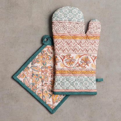 Maison d' Hermine 100% Cotton Oven Mitt & Pot Holder Set (7.5"x13" & 8"x8") Heat Resistant BBQ Cooking Gloves with Loop for Thanksgiving Christmas Decorations Handling Hot Pans (Nila)