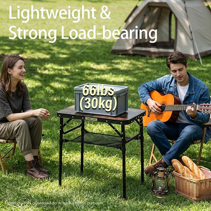 Folding Picnic Table 2ft Portable Camping Table, Dark Walnut | Adjustable Heights, Lightweight Aluminum Foldable Small Card Table with Carry Handle for Indoor Outdoor Camp RV BBQ Beach