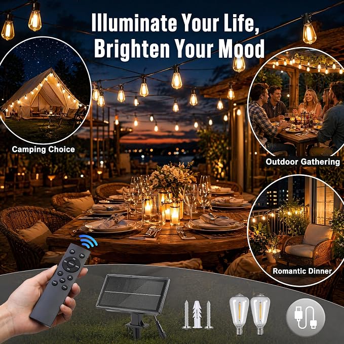 Solar Lights Outdoor Waterproof: ST38 50FT 15M Patio Lights Shatterproof Bulbs - Solar Powered & USB Charging- Remote Control 3 Light Modes Dimmable Solar Light - Garden Camping Backyard