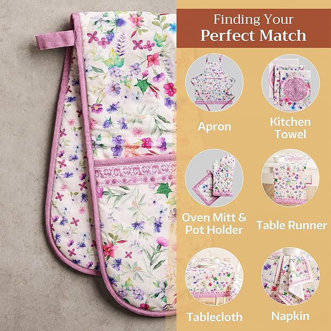 Maison d' Hermine Double Oven Mitts 100% Cotton 7"x35" Double Oven Mitt Heat Resistant BBQ Cooking Gloves with Loop Baking Grilling Kitchen Hotel Home Farmhouse Spring Summer (Chardon)