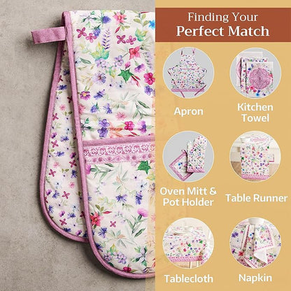 Maison d' Hermine Double Oven Mitts 100% Cotton 7"x35" Double Oven Mitt Heat Resistant BBQ Cooking Gloves with Loop Baking Grilling Kitchen Hotel Home Farmhouse Spring Summer (Chardon)