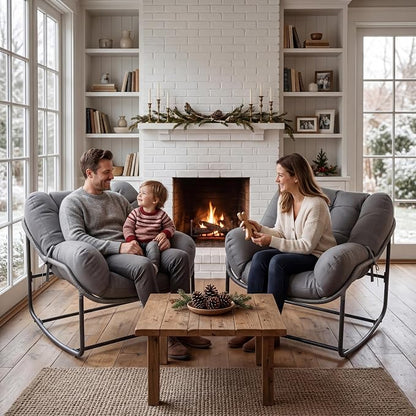 Patio Rocking Chair Set,Indoor Outdoor Rocking Chair,Papasan Chairs with Cushion,Wicker Egg Rockers, Lounge Chair for Patio, Living Room, Bedroom, or Porch,Gray