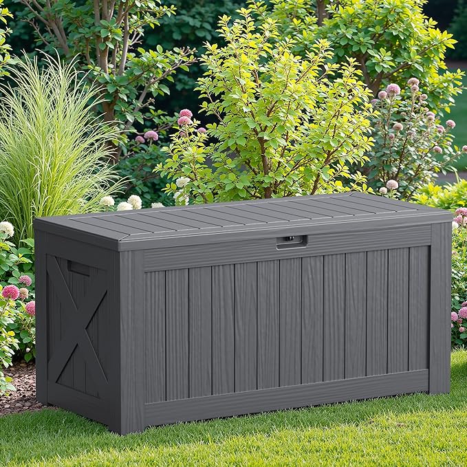 JUMMICO 120 Gallon Resin Deck Box, Large Outdoor Storage Box Waterproof & Lockable for Garden, Patio, Pools (Gray)