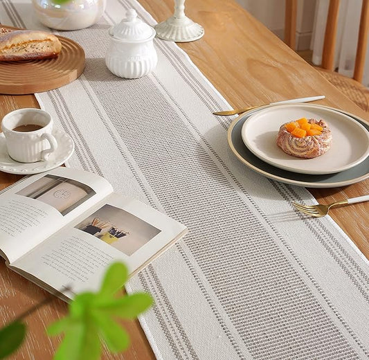 Caflife Boho Table Runner Natural Stripe for Modern Farmhouse Coffee Table Decor, Rustic Woven Runner with Handcrafted Tassels for Home Dining Table décor 13 x 72 Inch Long