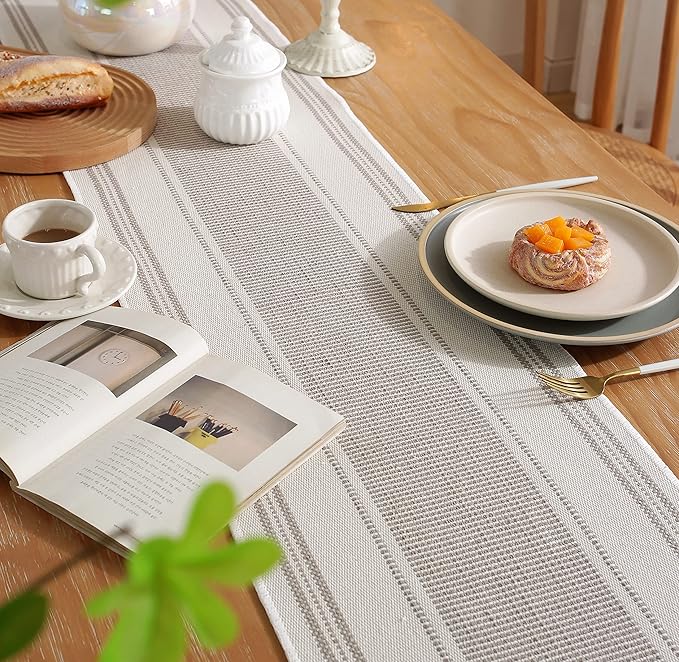 Caflife Boho Table Runner Natural Stripe for Modern Farmhouse Coffee Table Decor, Rustic Woven Runner with Handcrafted Tassels for Home Dining Table décor 13 x 90 Inch Long