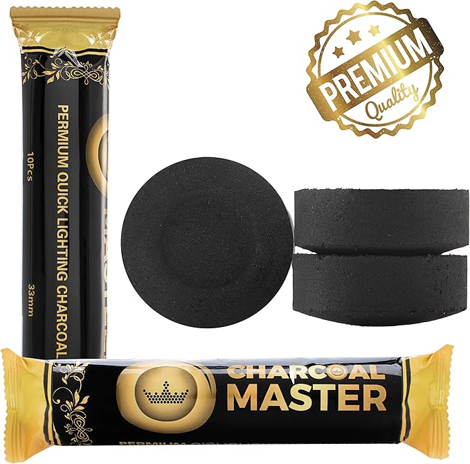 Charcoal Briquettes – 100-Pack Hookah Coals – Instant Light Coals for Incense, Hookah Set – 45-min Slow Burning – Low Smoke Charcoal Discs – Flavorless and Odorless